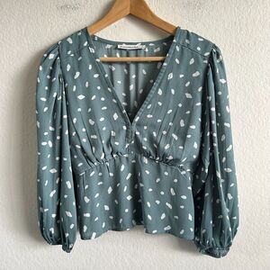 ABERCROMBIE & FITCH Teal White Polka Dot V-Neck Ruched Blouse Top Womens Small
